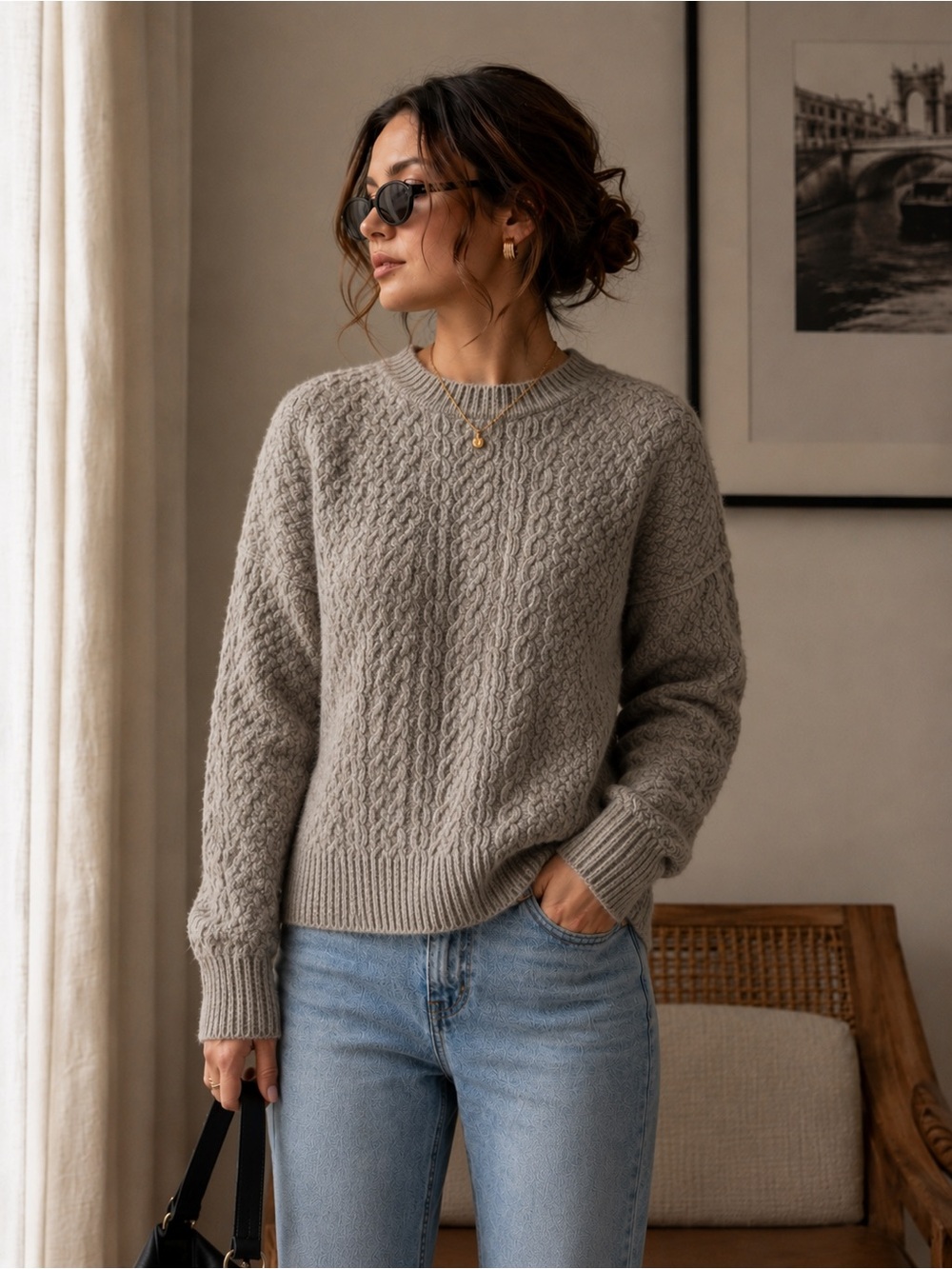 Wills 100% Wool Cable Knit Crewneck Sweater - Taupe - size Large